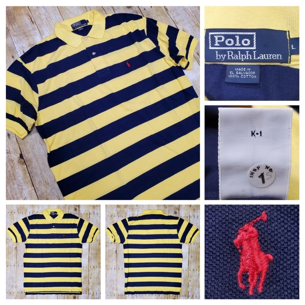 Polo Ralph Lauren Vintage Polo Shirt NWOT Men's L Yellow Navy Stripe Red Pony